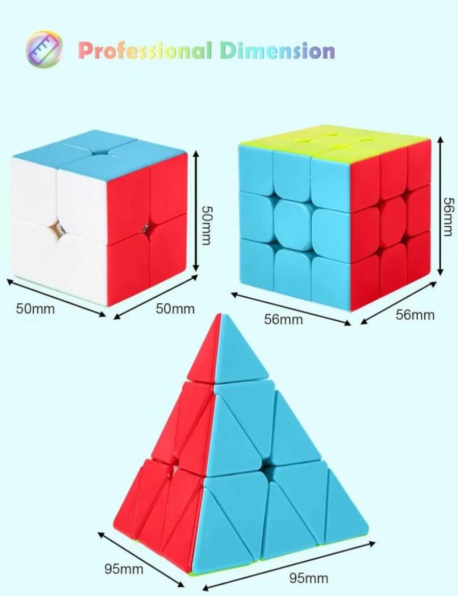 Roxenda Speed Cube Bundle – 2x2, 3x3, and Pyramid Stickerless Magic Cube Set for Smooth Puzzle Solving