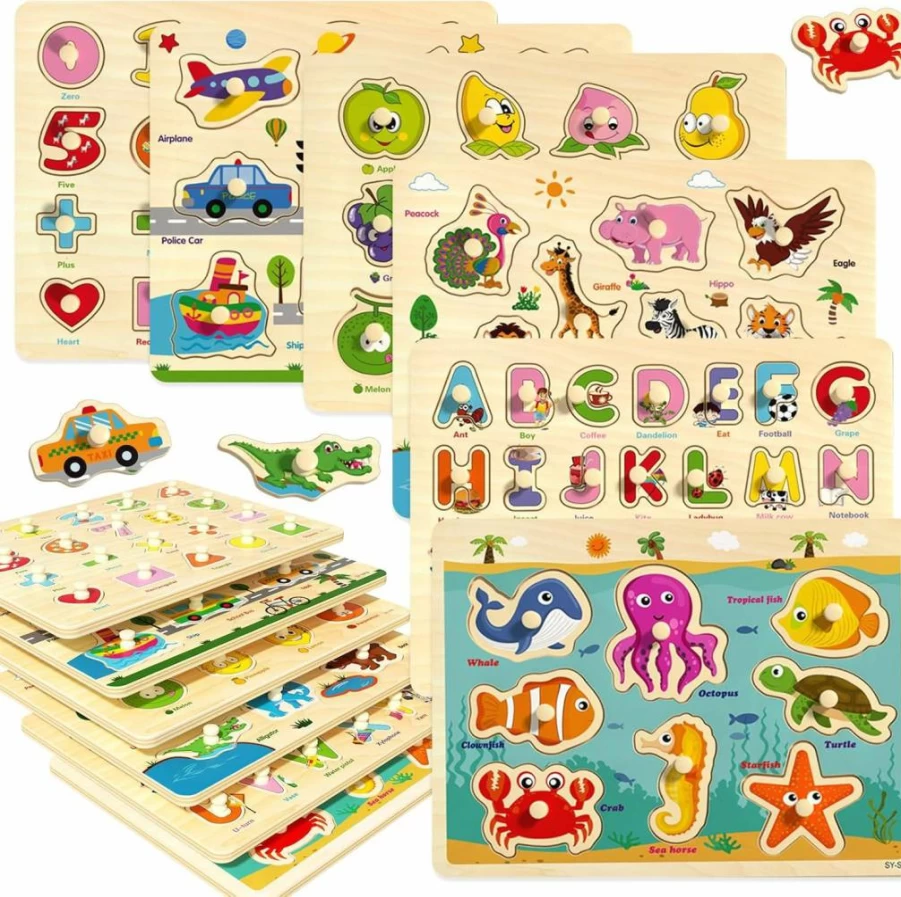 Edutree 6-Pack Wooden Peg Puzzles for Toddlers 1-5 – Alphabet, Number, Animal, Vehicle & Shape Montessori Learning Toys for Boys & Girls