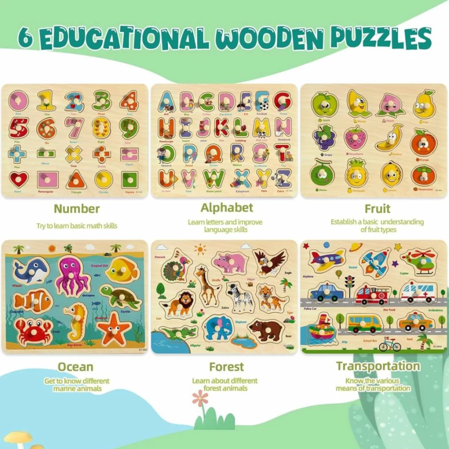 Edutree 6-Pack Wooden Peg Puzzles for Toddlers 1-5 – Alphabet, Number, Animal, Vehicle & Shape Montessori Learning Toys for Boys & Girls