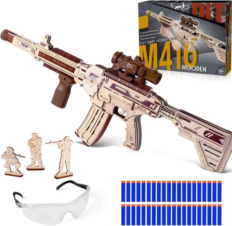 VATOS 3D Wooden M416 Rifle Puzzle Kit for Adults - DIY Building Toy Model with Foam Bullets, Creative Christmas Birthday Gift for Men