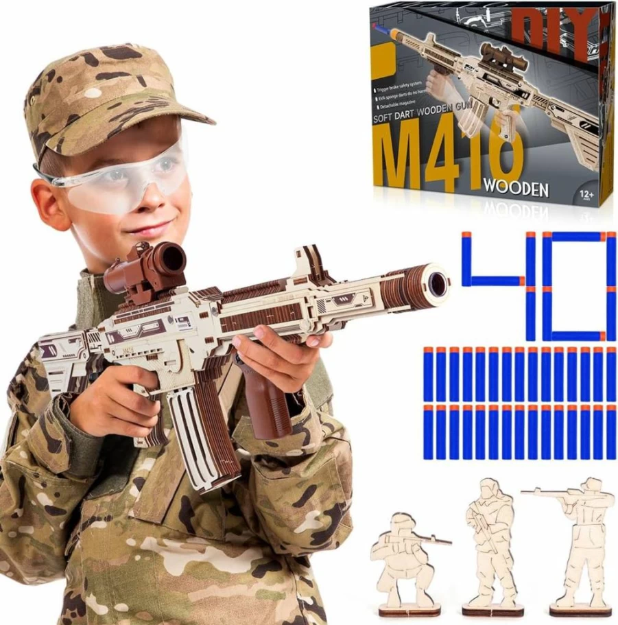VATOS 3D Wooden M416 Rifle Puzzle Kit for Adults - DIY Building Toy Model with Foam Bullets, Creative Christmas Birthday Gift for Men