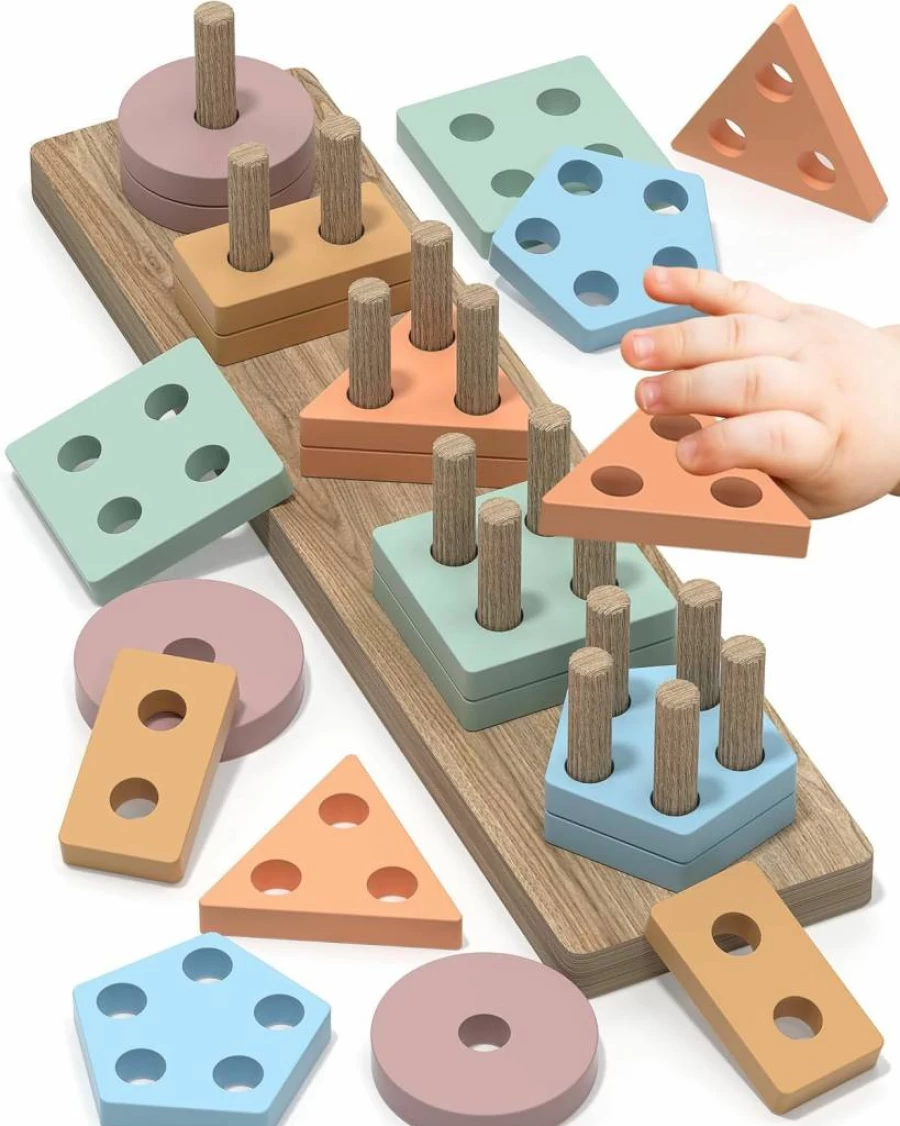 Walenced Montessori Wooden Stacking Blocks - Educational Toddler Puzzles for 1-3 Year Olds, Ideal Birthday Gifts for Boys & Girls Ages 1-2
