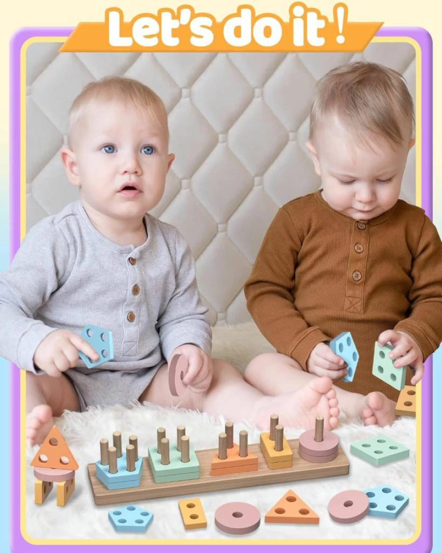 Walenced Montessori Wooden Stacking Blocks - Educational Toddler Puzzles for 1-3 Year Olds, Ideal Birthday Gifts for Boys & Girls Ages 1-2