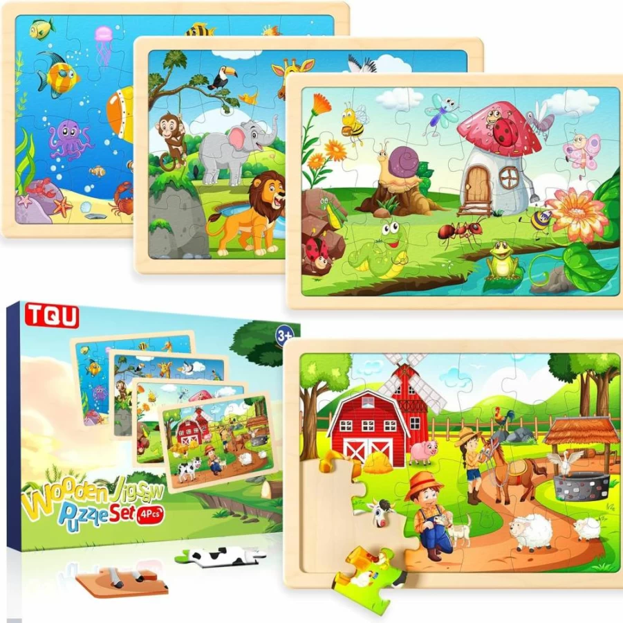 TQU Wooden Jigsaw Puzzles for Kids Ages 3-6 - 4 Pack Preschool Learning Toys with 24 Pieces Each (Farm, Zoo, Insects, Ocean Animals) Educational Brain Teaser Games for Toddlers