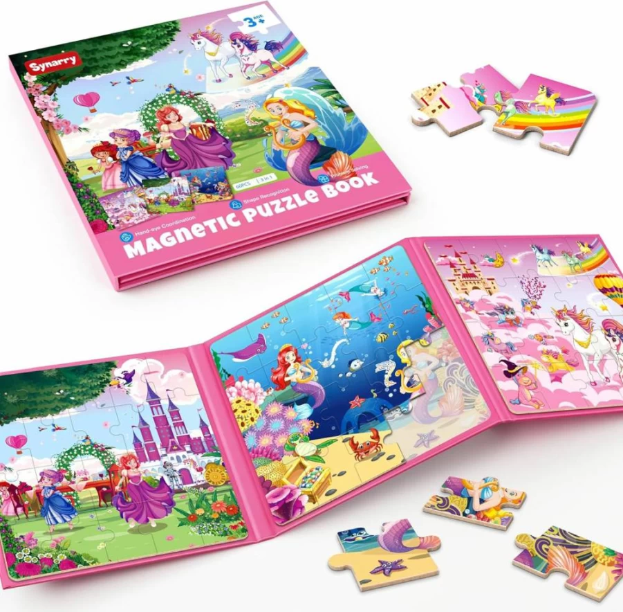 SYNARRY Magnetic Unicorn Puzzle for Kids Ages 3-6, 20-Piece Travel Toys for Girls, Mermaid Princess Toddler Activities, Birthday Gifts for 3-5 Year Olds, Car Airplane Road Trip Games