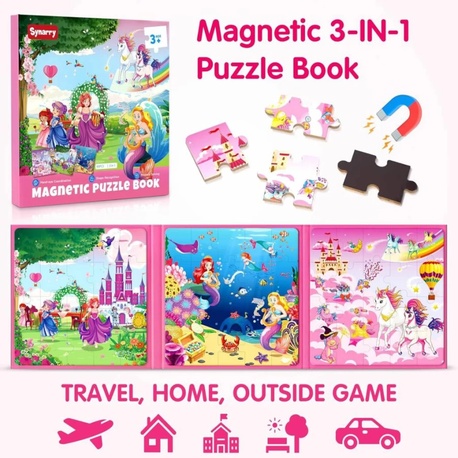 SYNARRY Magnetic Unicorn Puzzle for Kids Ages 3-6, 20-Piece Travel Toys for Girls, Mermaid Princess Toddler Activities, Birthday Gifts for 3-5 Year Olds, Car Airplane Road Trip Games