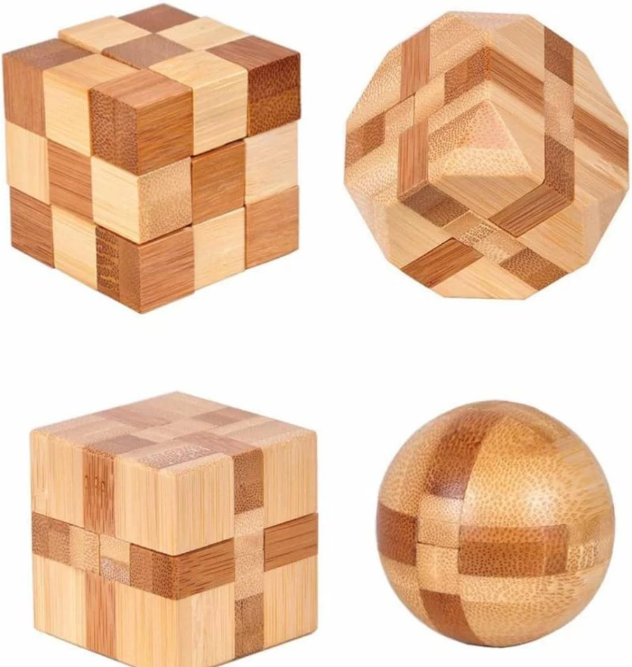 Rich Boxer 4 Pack Wooden Brain Teaser Puzzles for Adults & Teens - 3D Logic Games, Snake Cube, Magic Ball, Intellectual Assembling Toys for Mind Challenges