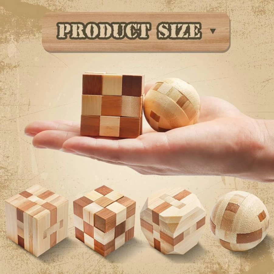 Rich Boxer 4 Pack Wooden Brain Teaser Puzzles for Adults & Teens - 3D Logic Games, Snake Cube, Magic Ball, Intellectual Assembling Toys for Mind Challenges
