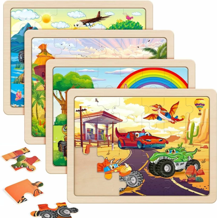 SYNARRY 24-Piece Large Wooden Monster Truck Puzzle for Kids Ages 3-6 - FSC Certified Toddler Learning Toy Gift for Boys & Girls (12.2x9.4 Inch)