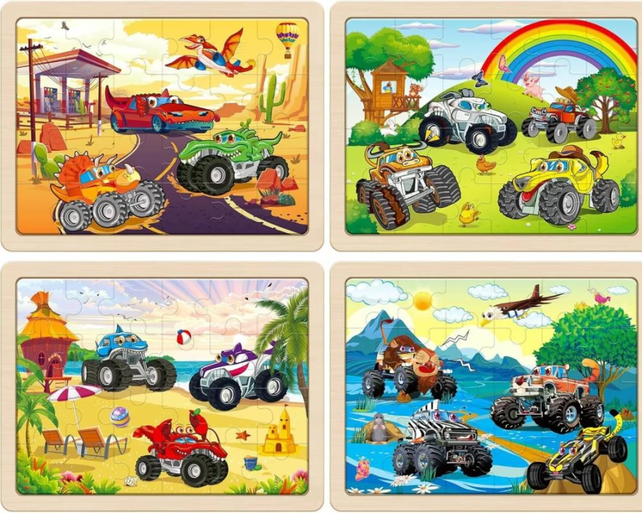 SYNARRY 24-Piece Large Wooden Monster Truck Puzzle for Kids Ages 3-6 - FSC Certified Toddler Learning Toy Gift for Boys & Girls (12.2x9.4 Inch)