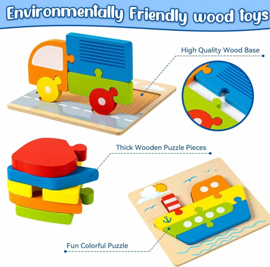 LURLIN Wooden Animal Jigsaw Puzzles for Toddlers 1-3 Years - Educational Preschool Learning Toys for Shapes & Colors, Best Gift for Boys & Girls