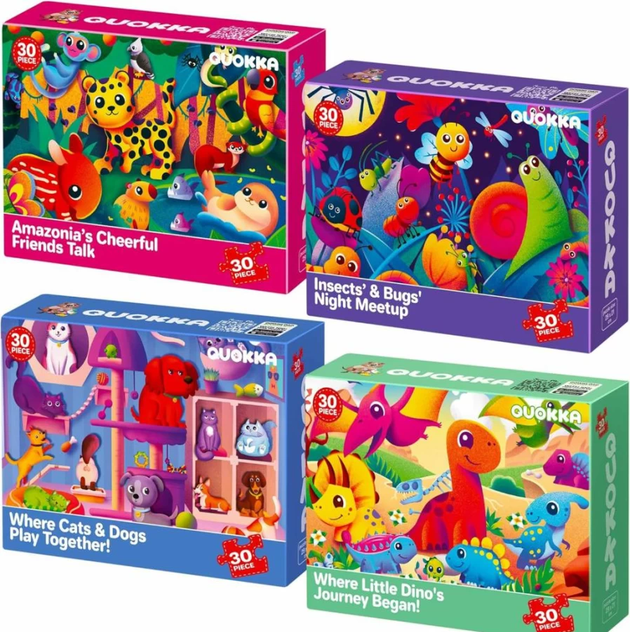QUOKKA 4-in-1 Animal Jigsaw Puzzles for Toddlers Ages 2-6 | 30-Piece Educational Learning Toys for Boys & Girls | Preschool Puzzle Set for Kids 3-5 Years Old