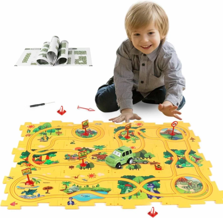 YOOYID Dinosaur Puzzle Race Track Toy Set for Kids Ages 2-6, Montessori Learning Toys with Plastic Dinosaurs & Toy Car, Educational Gift for Toddler Boys 3-5 Years Old