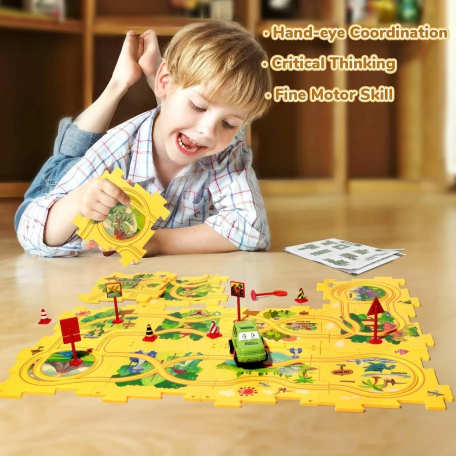 YOOYID Dinosaur Puzzle Race Track Toy Set for Kids Ages 2-6, Montessori Learning Toys with Plastic Dinosaurs & Toy Car, Educational Gift for Toddler Boys 3-5 Years Old