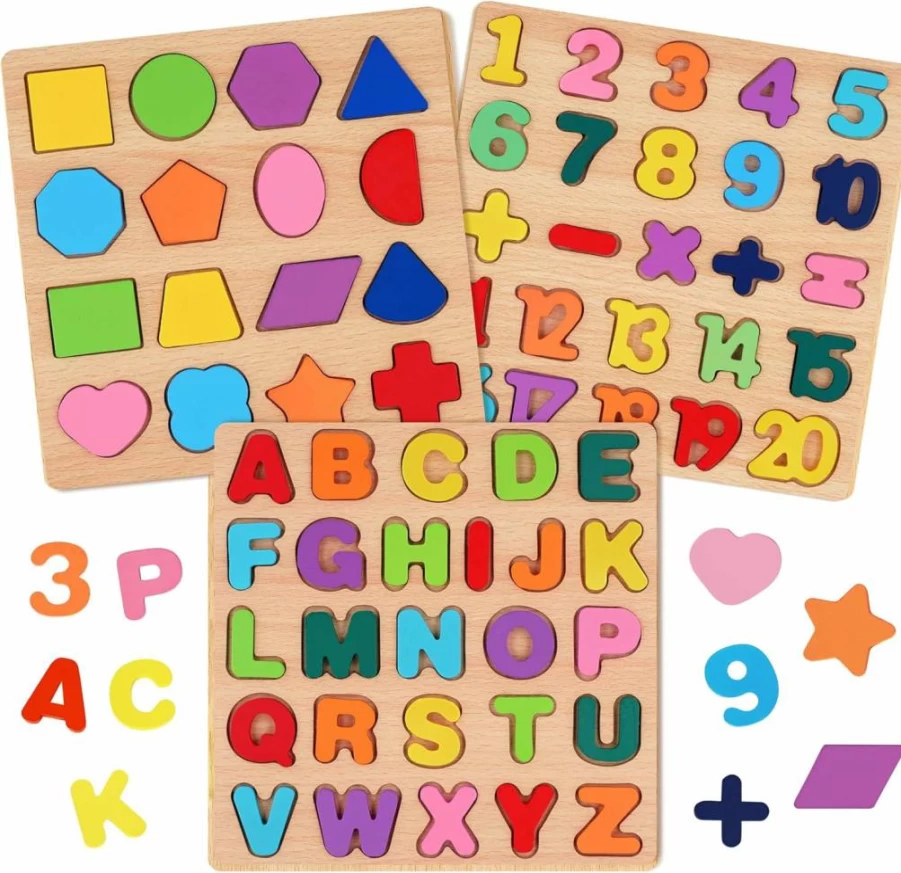 Attmu Wooden ABC & 123 Puzzle for Toddlers - 2-in-1 Educational Learning Toy with Chunky Alphabet & Number Board - Preschool Kindergarten Montessori Gift for Boys Girls Ages 1-3