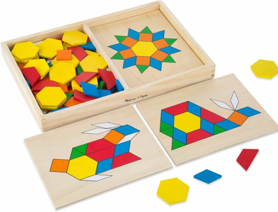 Melissa & Doug Wooden Pattern Blocks and Boards - 120-Piece STEM Toy with 5 Double-Sided Animal Puzzles, Tangrams for Kids Ages 3+, Educational Montessori Learning Activities