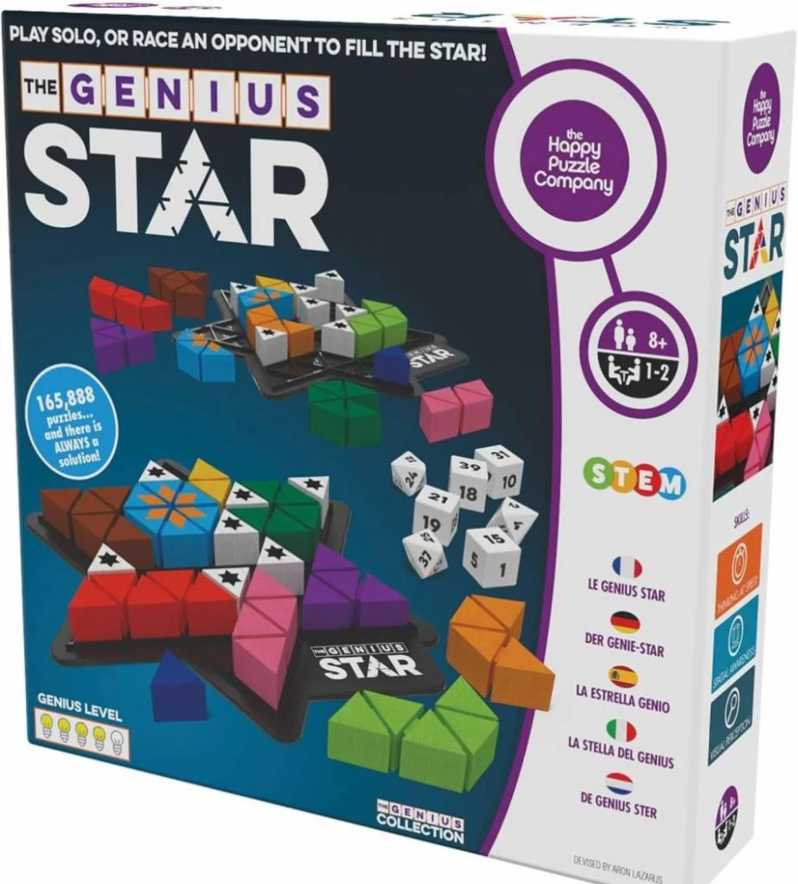 The Happy Puzzle Company's Genius Star Board Game – Award-Winning Family Toy with 165,888 Puzzles, Color Shape Challenges & Golden Star Twist