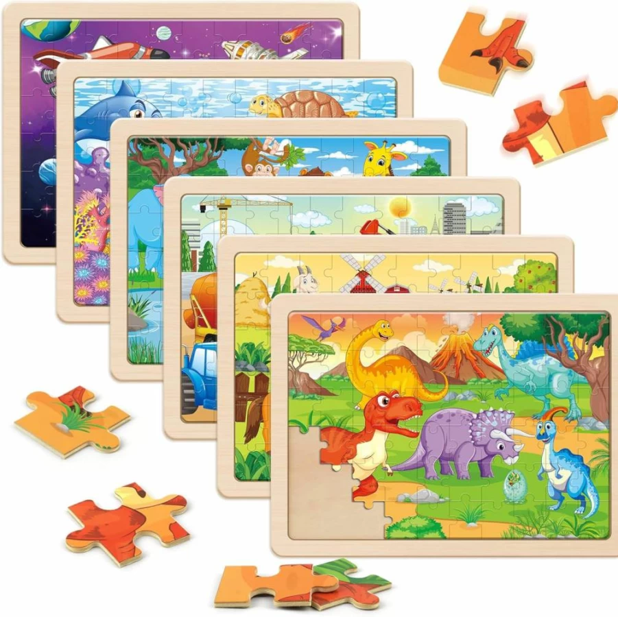 SYNARRY 6-Pack Wooden Jigsaw Puzzles for Kids Ages 4-8, 60-Piece Educational Preschool Learning Toys for Boys & Girls, Ideal Gift for 4-6 Year Olds