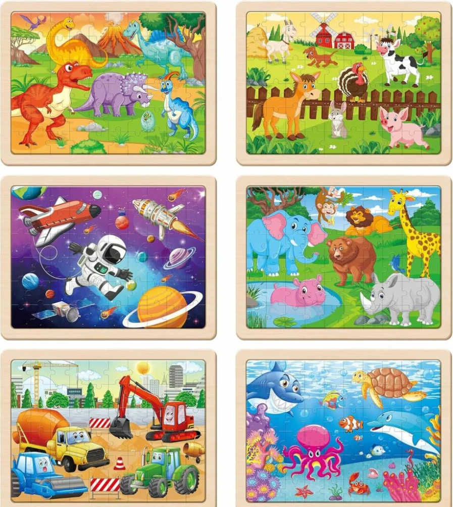 SYNARRY 6-Pack Wooden Jigsaw Puzzles for Kids Ages 4-8, 60-Piece Educational Preschool Learning Toys for Boys & Girls, Ideal Gift for 4-6 Year Olds