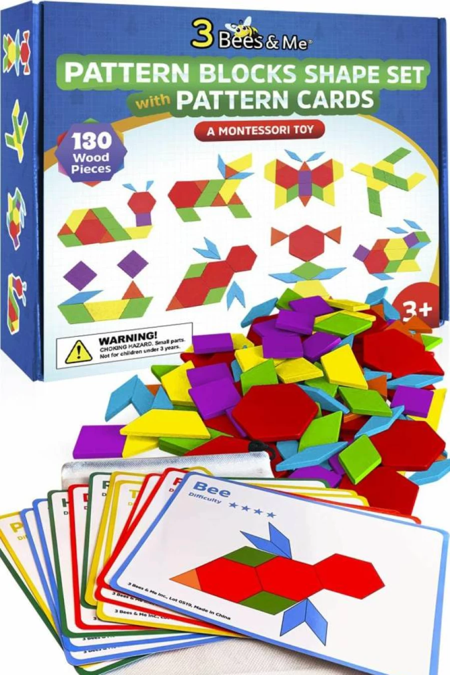 3 Bees & Me Montessori Wooden Pattern Blocks - 155 Piece Tangram Puzzle Set for Kids Ages 3-9, Educational Shape Learning Toys for Toddlers & Children