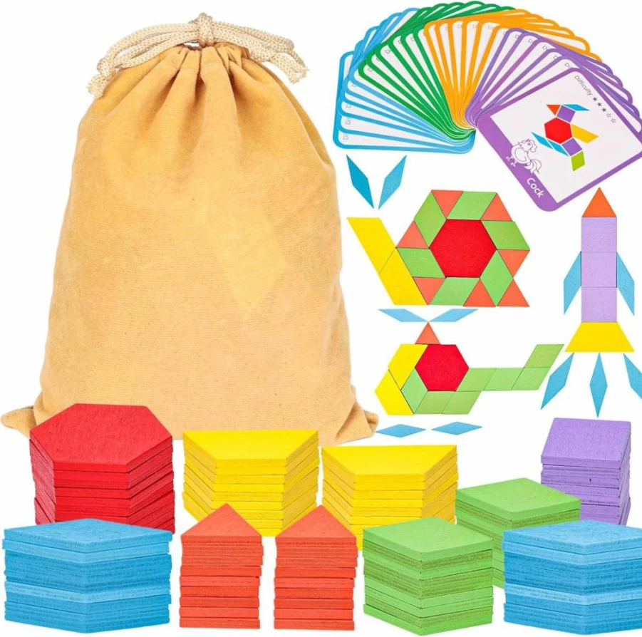LovesTown 209-Piece Wooden Geometric Pattern Blocks Set with Activity Cards & Storage Bag – Educational Tangram Puzzle for Kids, Ideal Learning Gift from Parents or Teachers