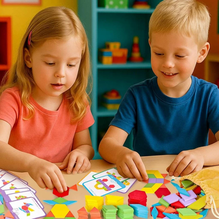 LovesTown 209-Piece Wooden Geometric Pattern Blocks Set with Activity Cards & Storage Bag – Educational Tangram Puzzle for Kids, Ideal Learning Gift from Parents or Teachers