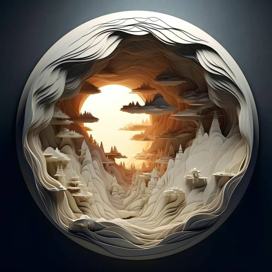 Bgraamiens 3D Puzzle - 1000 Piece Round Jigsaw for Adults, Autostereoscopic Cave Dawn Challenge, Unique Visual Art Bg24011