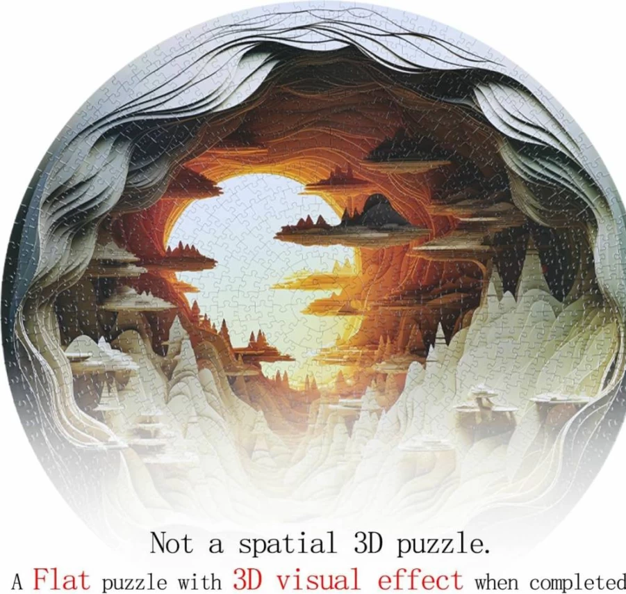 Bgraamiens 3D Puzzle - 1000 Piece Round Jigsaw for Adults, Autostereoscopic Cave Dawn Challenge, Unique Visual Art Bg24011