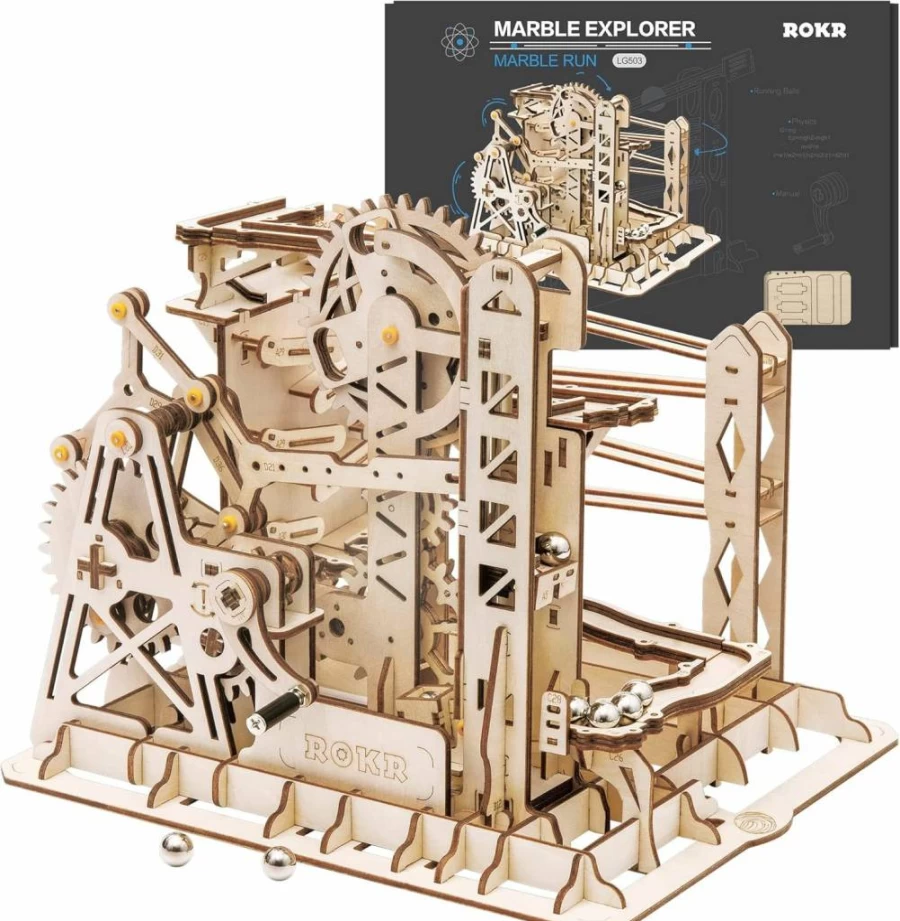 ROKR 3D Wooden Marble Coaster Puzzle Kit - Mechanical Gears Model Building Set for Adults & Teens 14+ - DIY Craft STEM Gift for Christmas, Birthday, Valentine's Day
