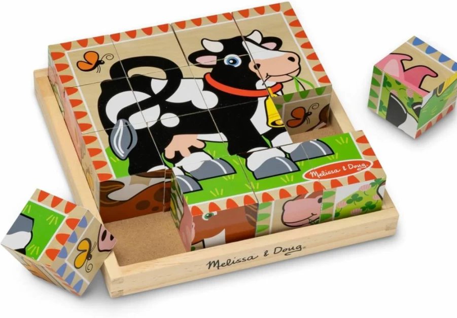 Melissa & Doug Farm Animal Wooden Cube Puzzle - 6-in-1 Educational Toy with Storage Tray (16 Pieces), FSC-Certified Kids Learning Activity