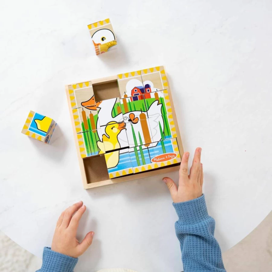 Melissa & Doug Farm Animal Wooden Cube Puzzle - 6-in-1 Educational Toy with Storage Tray (16 Pieces), FSC-Certified Kids Learning Activity