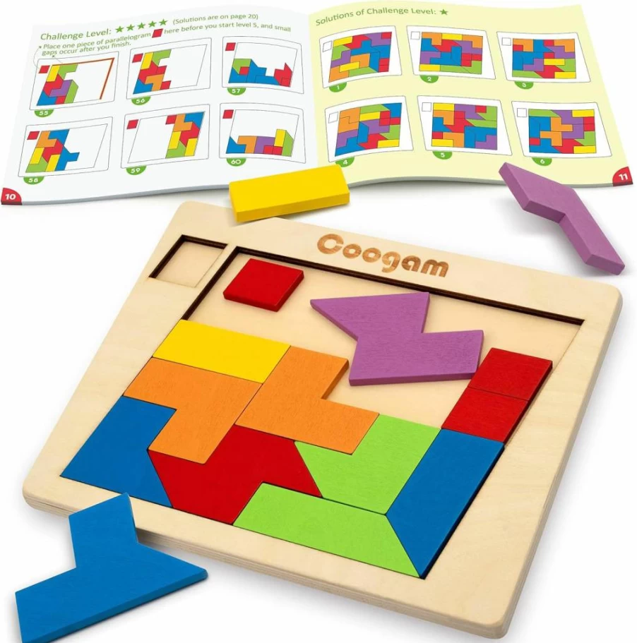 Coogam Wooden Tangram Puzzle Set: 60 Challenges 3D Geometric Brain Teasers, Montessori STEM Toys for Kids & Adults, Educational IQ Logic Game Gift for All Ages
