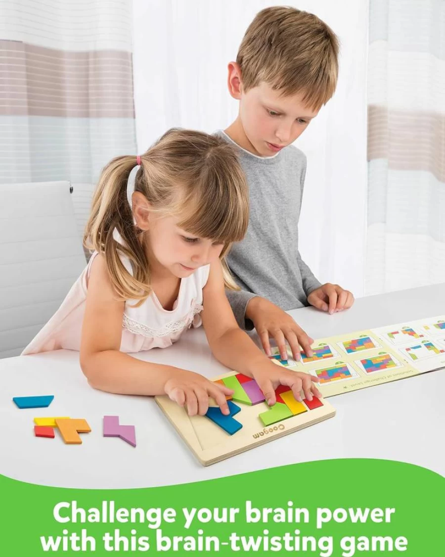 Coogam Wooden Tangram Puzzle Set: 60 Challenges 3D Geometric Brain Teasers, Montessori STEM Toys for Kids & Adults, Educational IQ Logic Game Gift for All Ages
