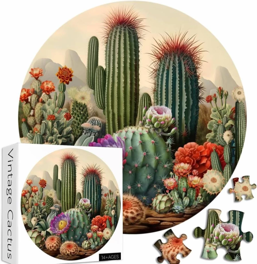 PICKFORU 1000-Piece Round Vintage Cactus Jigsaw Puzzle for Adults, Retro Succulent Plant Puzzle for Home Decor & Gift