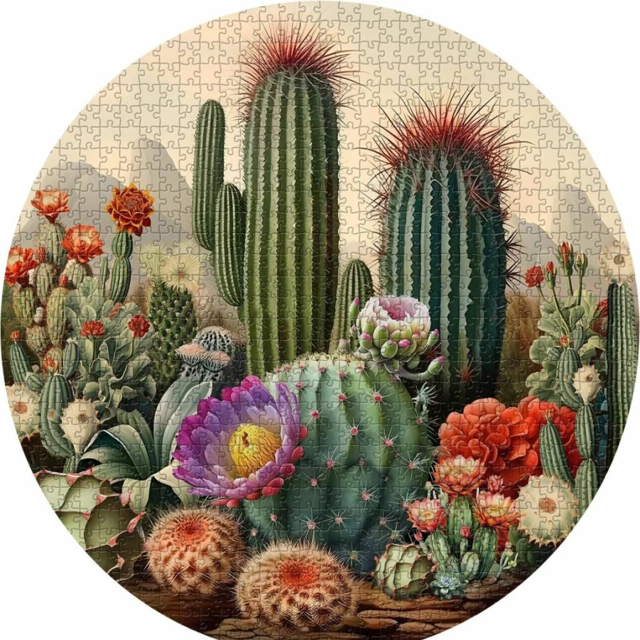 PICKFORU 1000-Piece Round Vintage Cactus Jigsaw Puzzle for Adults, Retro Succulent Plant Puzzle for Home Decor & Gift