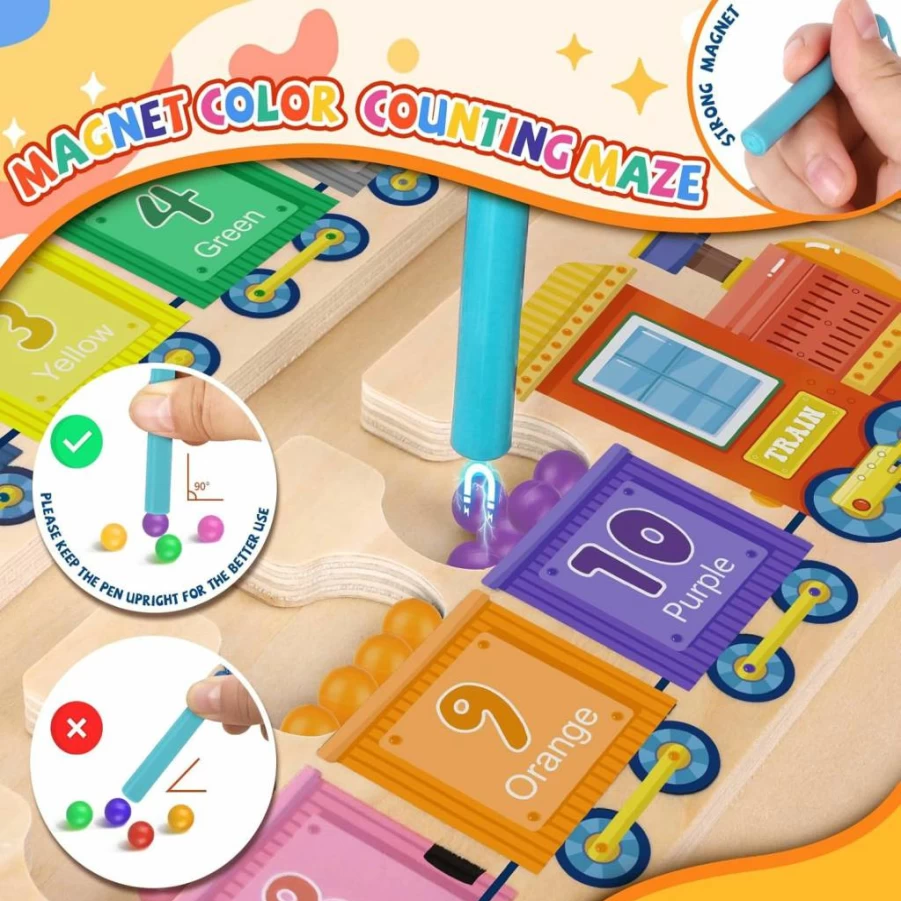 WakeInsa Magnetic Montessori Wooden Maze Toy - Educational Toddler Busy Board with Magnet Balls for Kids Ages 2-5, Ideal Christmas & Birthday Gift for Preschool Learning Activities