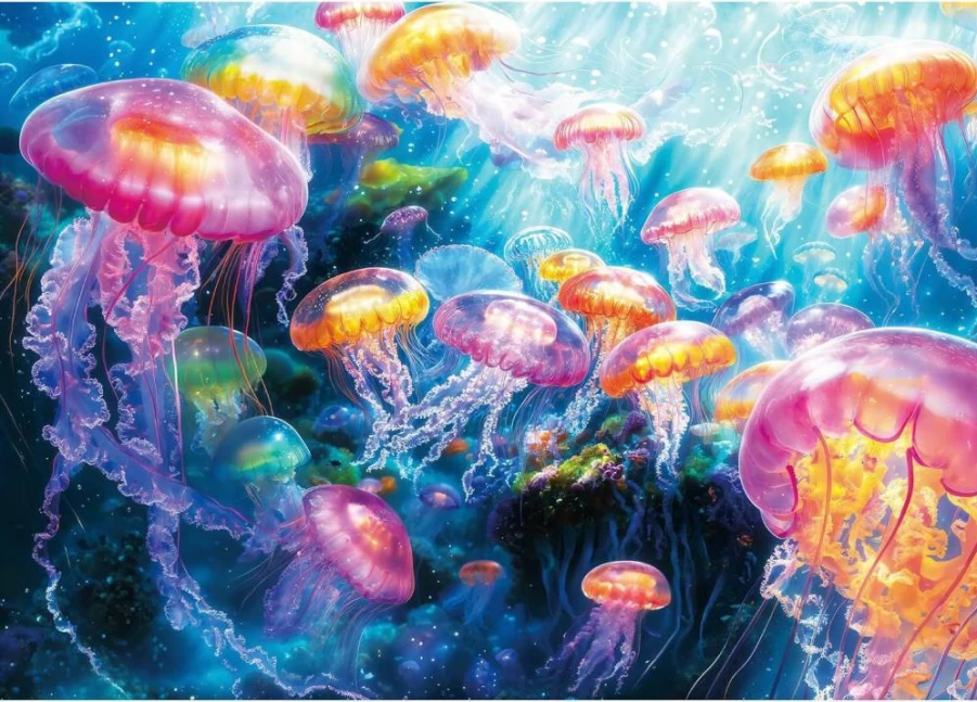 Lamplig 1000-Piece Jellyfish Jigsaw Puzzle for Adults - Vibrant Underwater Ocean Scene, Challenging 27.5x19.6" Home Decor Puzzle with 1:1 Poster, Creative Gift for Puzzle Lovers