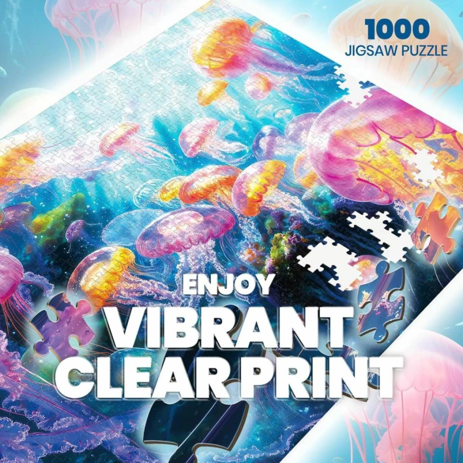 Lamplig 1000-Piece Jellyfish Jigsaw Puzzle for Adults - Vibrant Underwater Ocean Scene, Challenging 27.5x19.6" Home Decor Puzzle with 1:1 Poster, Creative Gift for Puzzle Lovers