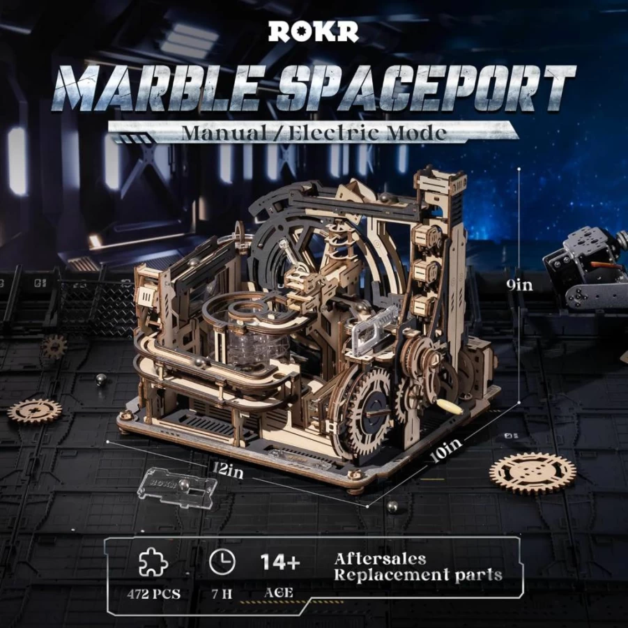 ROKR Marble Spaceport LGC01 3D Wooden Puzzle Kit - 472Pcs Electric Marble Run Building Set, Brain Teaser & Desk Decor, Creative Gift for Adults 14+