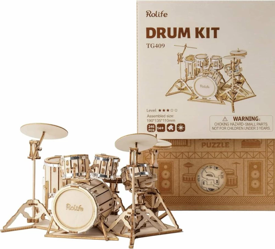 Rolife 3D Wooden Puzzle Drum Kit Model - DIY Musical Instrument Building Kit for Adults and Teens, Creative Craft Project