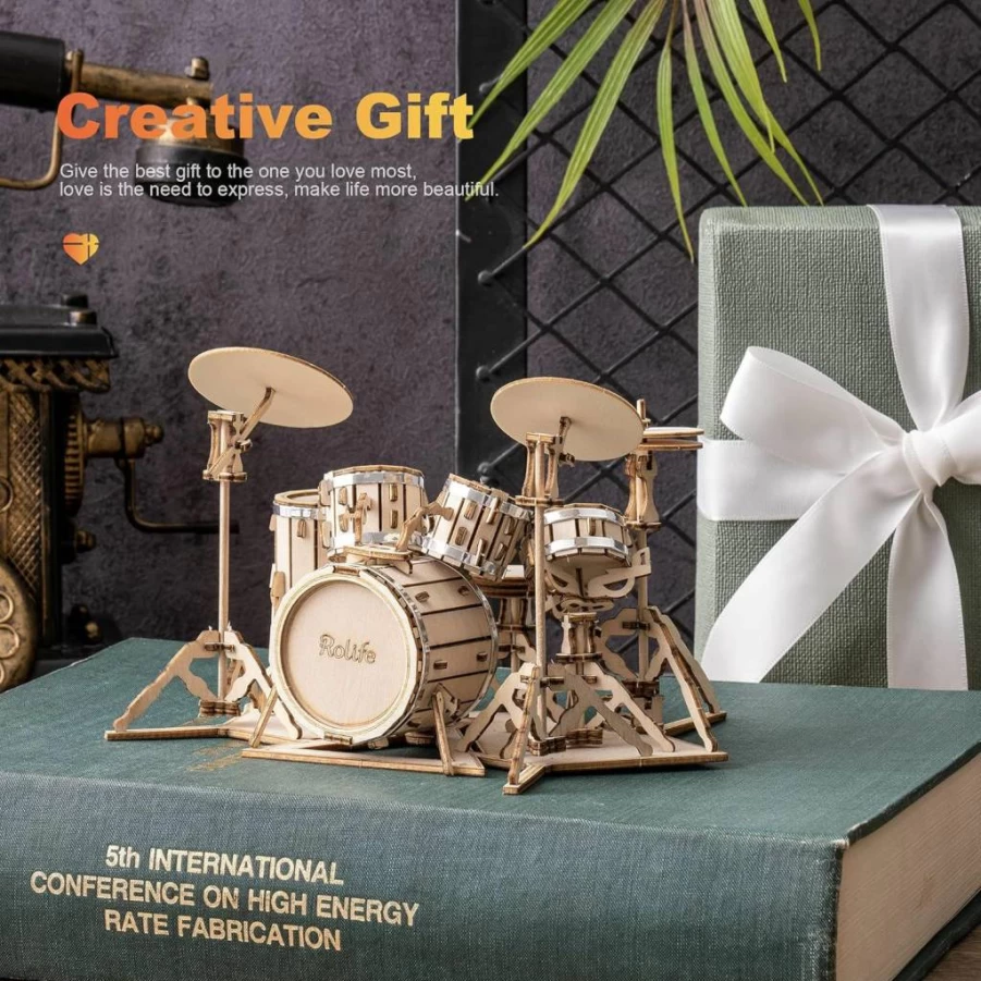 Rolife 3D Wooden Puzzle Drum Kit Model - DIY Musical Instrument Building Kit for Adults and Teens, Creative Craft Project