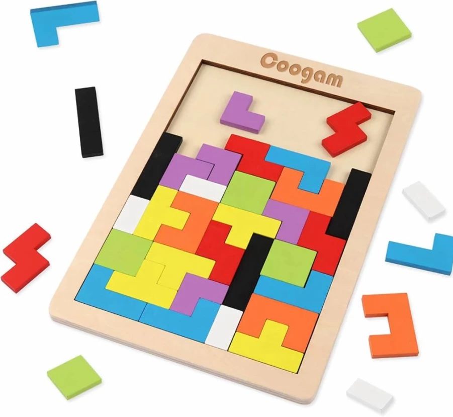 Coogam Wooden Tangram Puzzle 40PCS STEM Montessori Educational Brain Teaser Toy for Kids - 3D Colorful Russian Blocks Jigsaw Intelligence Game