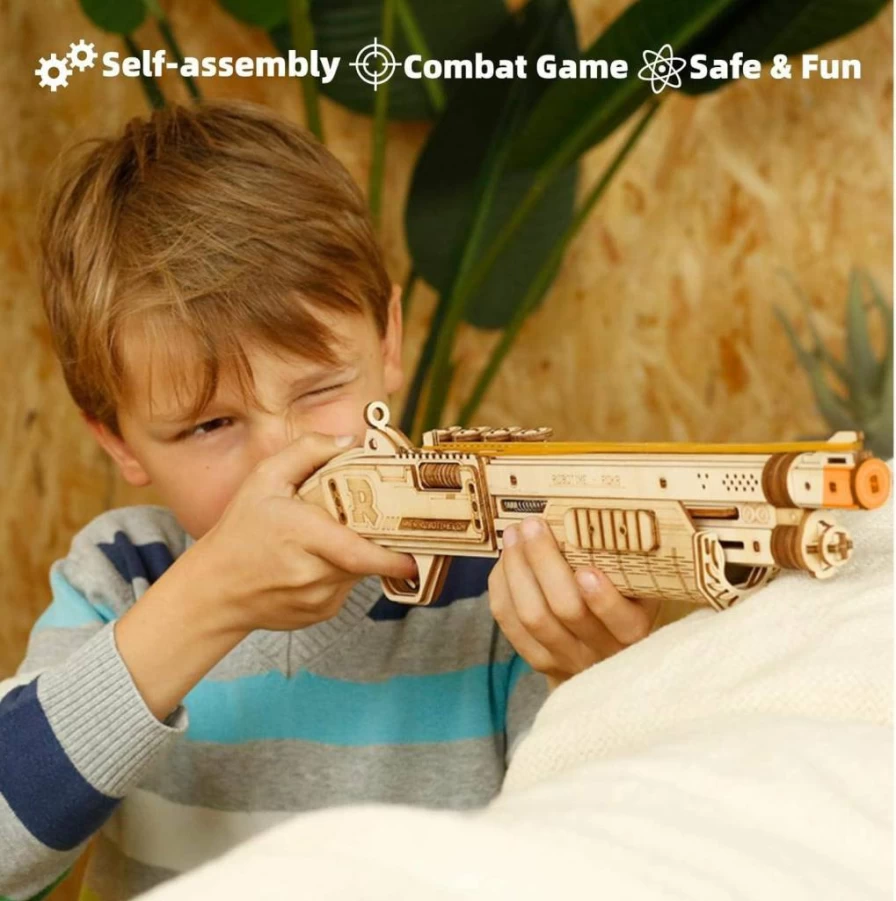 ROKR 3D Wooden Puzzle DIY Mechanical Model Kit - Multiplayer Shooting Game with Wood Targets & Rubber Bands, Adult STEM Building Toy Gift