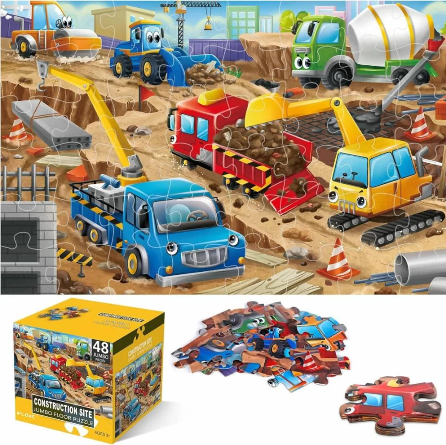 IFLOVE 48-Piece Jumbo Construction Site Floor Puzzle for Kids Ages 3-8, Large Educational Vehicle Jigsaw Toy for Toddlers & Preschool Learning, Gift for Boys & Girls 4-8 Years Old