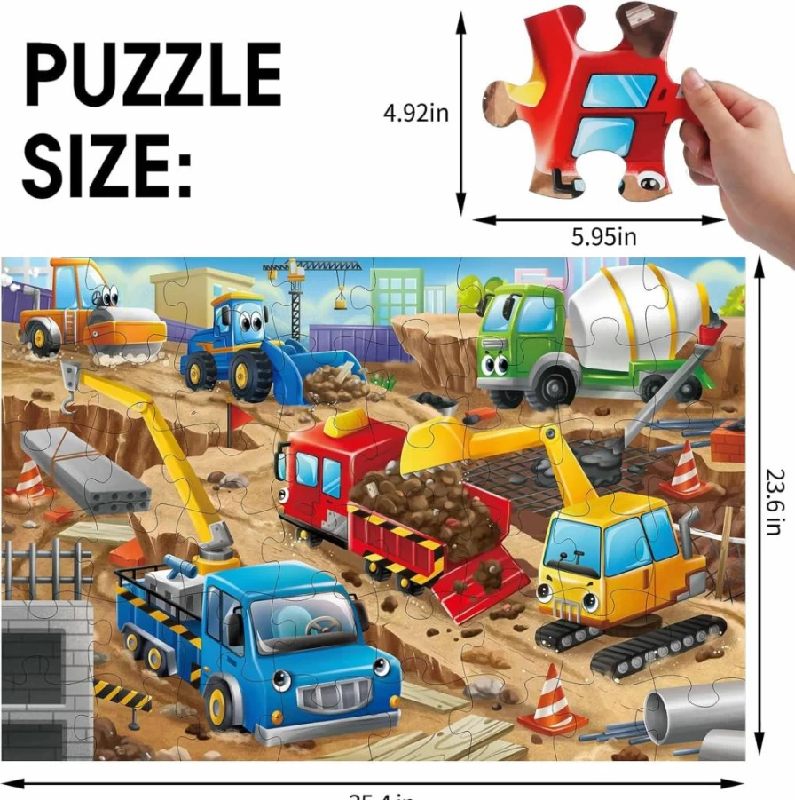 IFLOVE 48-Piece Jumbo Construction Site Floor Puzzle for Kids Ages 3-8, Large Educational Vehicle Jigsaw Toy for Toddlers & Preschool Learning, Gift for Boys & Girls 4-8 Years Old