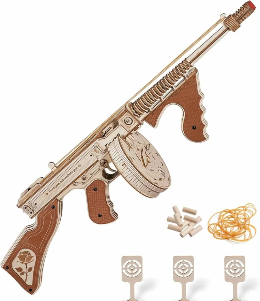 ROKR 275Pcs 3D Wooden Puzzle - DIY Submachine Gun Model Kit for Adults, Rubber Band Shooter Building Toy, Creative Assembly Gift