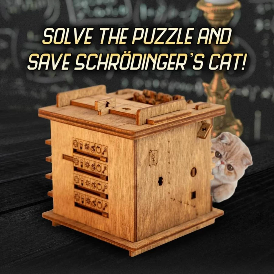 iDventure Cluebox: Schrodinger's Cat Escape Room Puzzle - 3D Wooden Brain Teaser for Adults - Challenging Treasure Box Gift for Men & Women - STEM Birthday Gadget