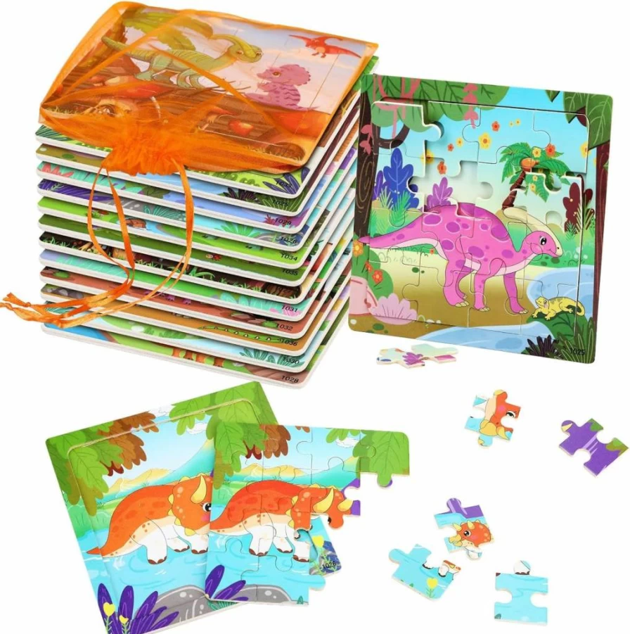 SANNIX 12 Pack Wooden Animal Jigsaw Puzzles for Toddlers Ages 2-5, 9 Piece Preschool Learning Toys with Storage Bags, Educational Travel Puzzles for Boys & Girls