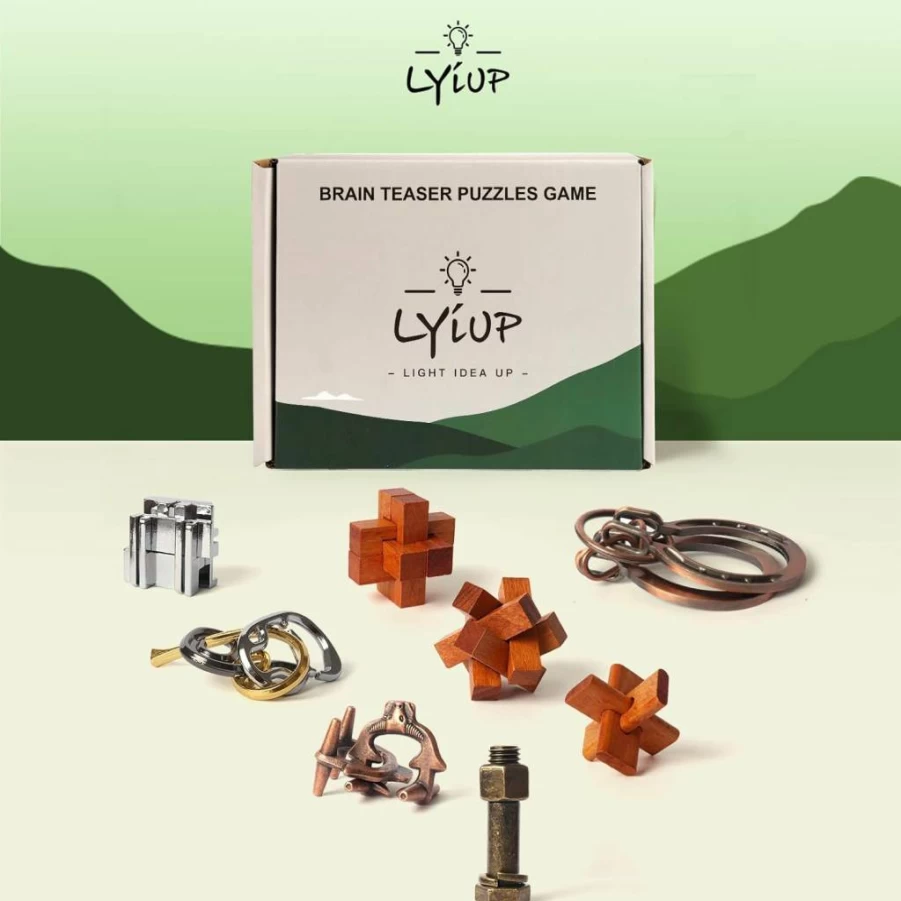 LYiUP 8Pcs Wooden & Metal Brain Teaser Puzzles Set for Adults and Kids - IQ Logic Games, Educational STEM Toys, Creative Gift for Puzzle Lovers