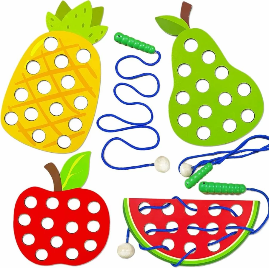 Fvcisshhu 4 Pack Wooden Lacing Toy for Toddlers - Fine Motor Skills Educational Threading Set with Apple, Watermelon, Pineapple & Pear - Travel Activity Puzzle for Kids Ages 3 4 5 Years